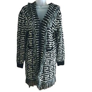 FunSport Cardigan Womens‎ S/M Hooded Knit Black White Fringe Pockets Boho Hippie